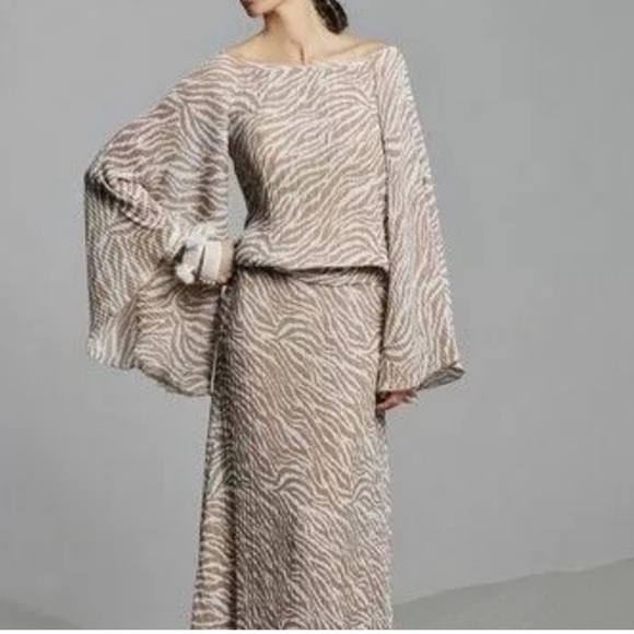 ALEXIS Manuela Tan Zebra Tiger Animal Print Matching Maxi Skirt Set Pleated Med